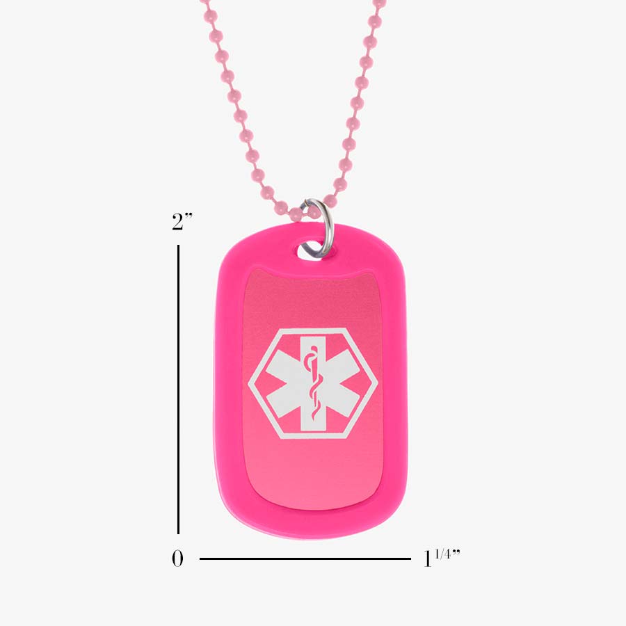 Bright pink Medical ID Dog Tag Necklace. Scale of 1.25” x 2” bright pink aluminum dog tag with white caduceus, silencer, 24-inch chain.