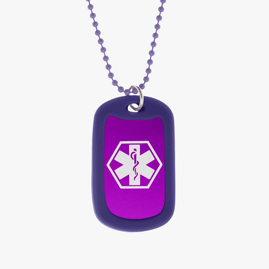 Grape aluminum dog tag with white medical symbol and coordinating silicone silencer on matching stainless steel ball chain.