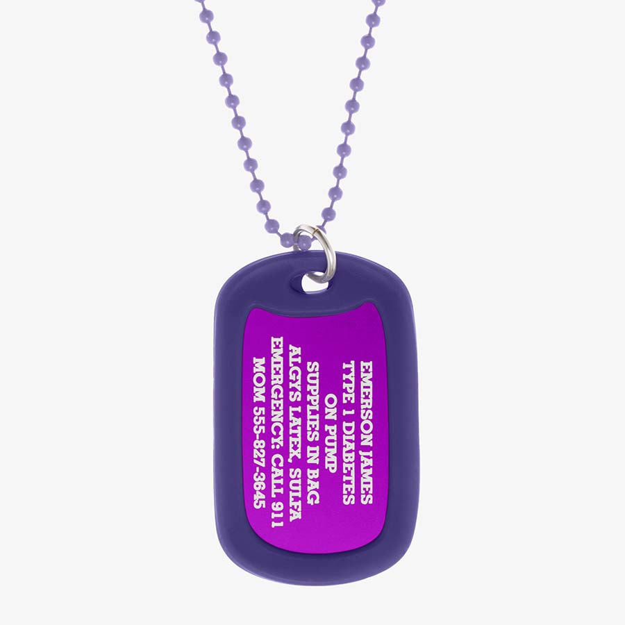 Grape aluminum dog tag with engraving example and coordinating silicone silencer on matching stainless steel ball chain.