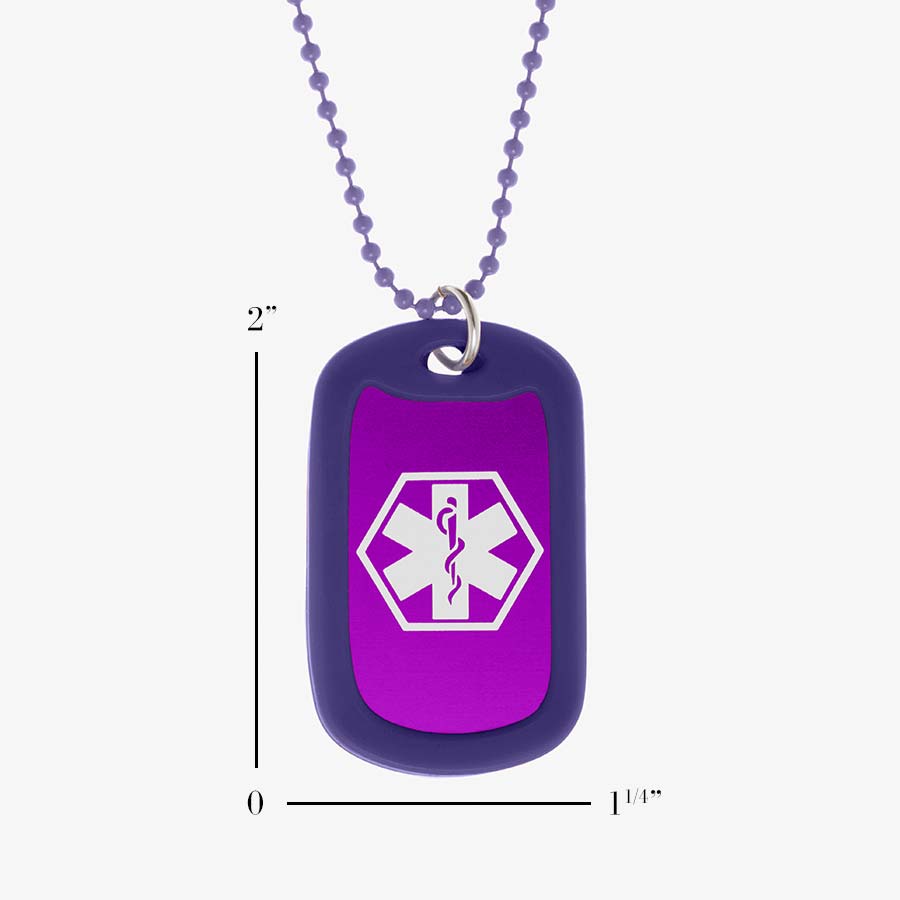 Grape Medical ID Dog Tag Necklace. Scale of 1.25” x 2” grape aluminum dog tag with white caduceus, silencer, 24-inch chain.