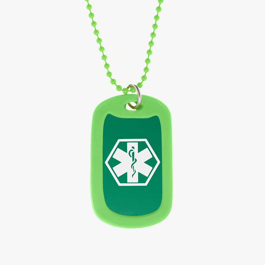 Lime aluminum dog tag with white medical symbol and coordinating silicone silencer on matching stainless steel ball chain.