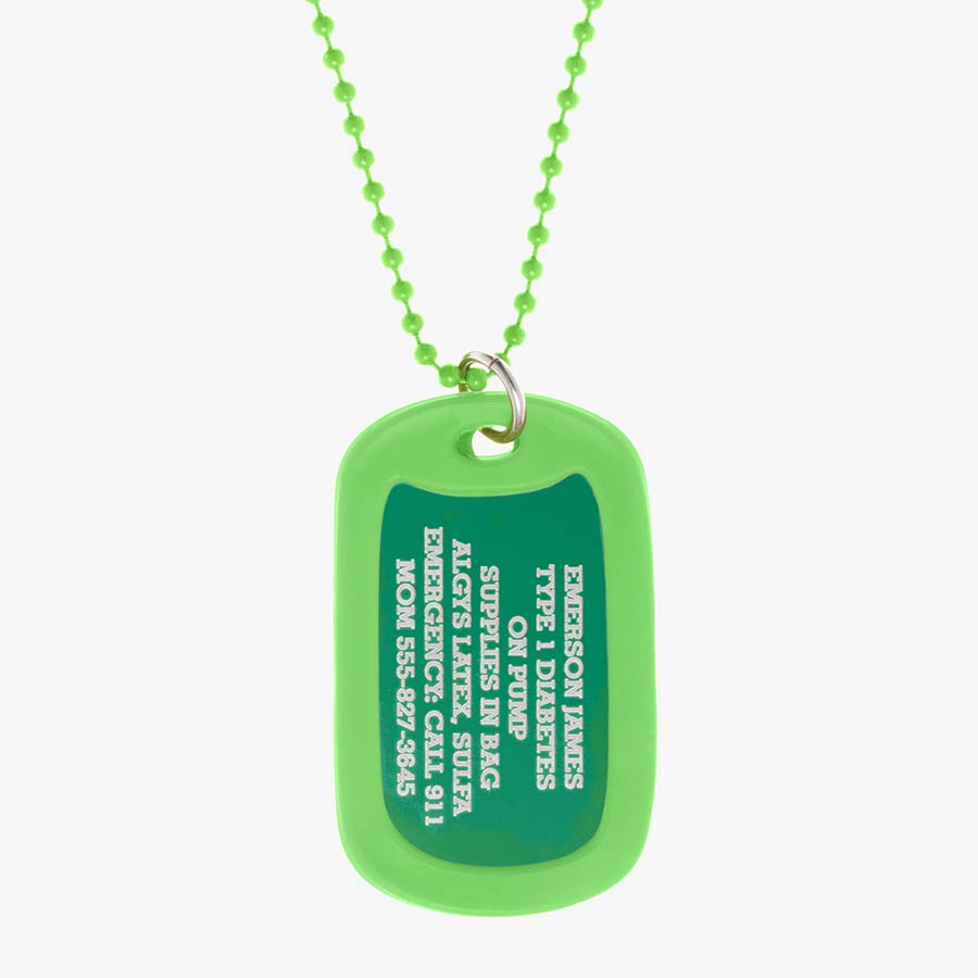 Lime aluminum dog tag with engraving example and coordinating silicone silencer on matching stainless steel ball chain.