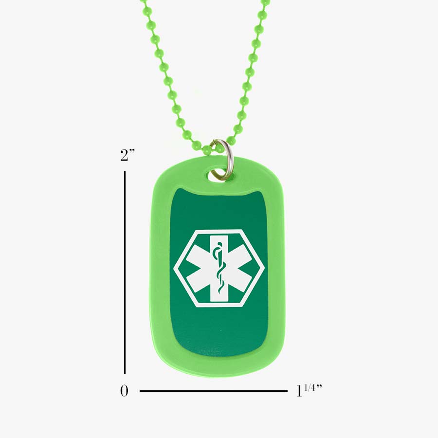 Lime Medical ID Dog Tag Necklace. Scale of 1.25” x 2” lime aluminum dog tag with white caduceus, silencer, 24-inch chain.