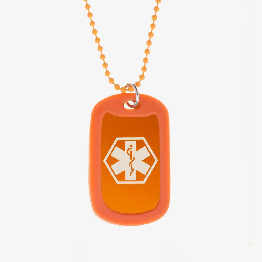 Carrot aluminum dog tag with white medical symbol and coordinating silicone silencer on matching stainless steel ball chain.