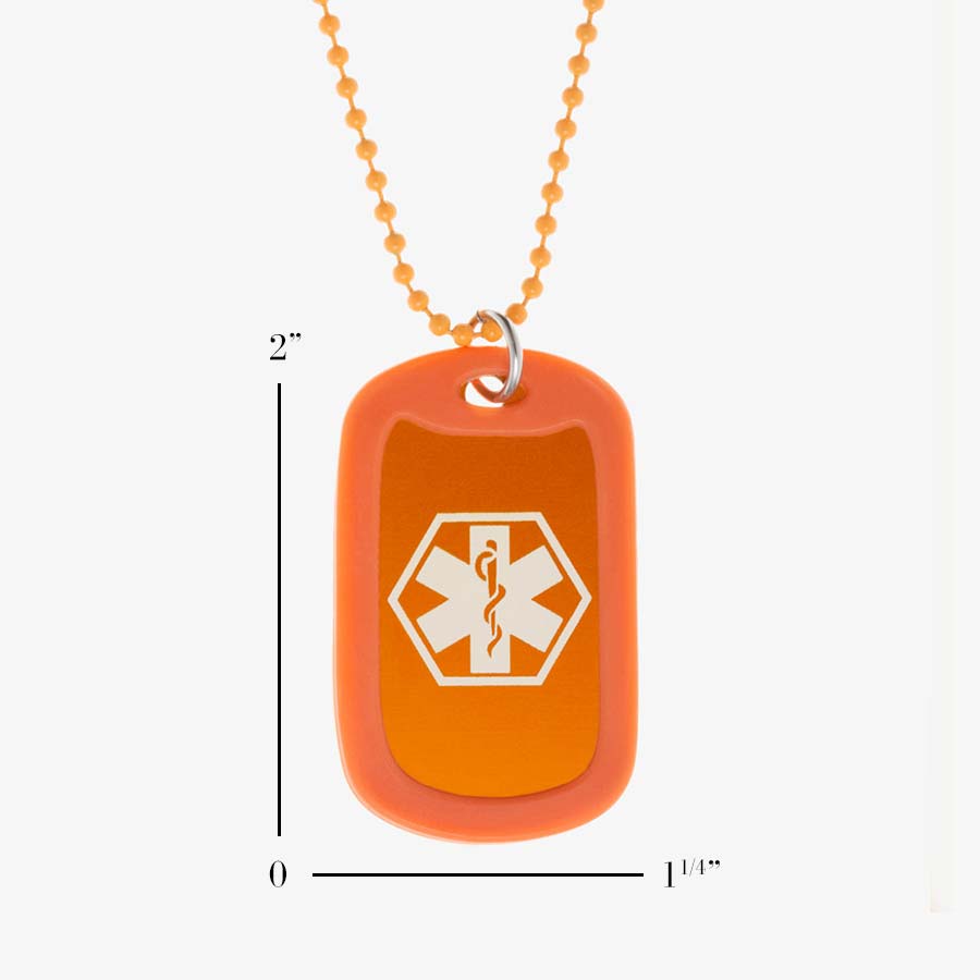 Carrot Medical ID Dog Tag Necklace. Scale of 1.25” x 2” carrot aluminum dog tag with white caduceus, silencer, 24-inch chain.