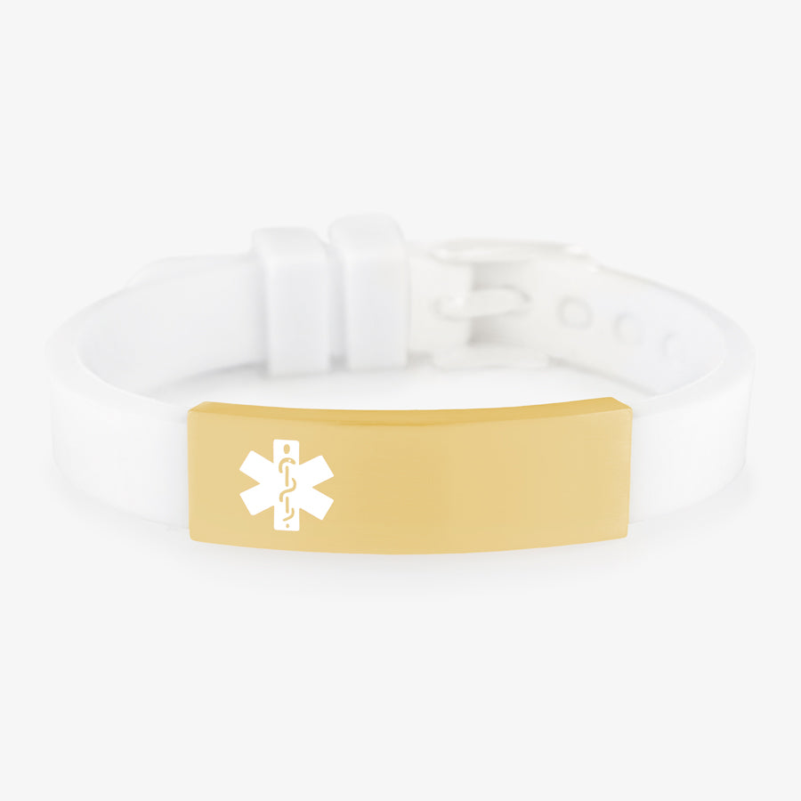 White silicone medical ID band bracelet with brushed gold medical ID tag