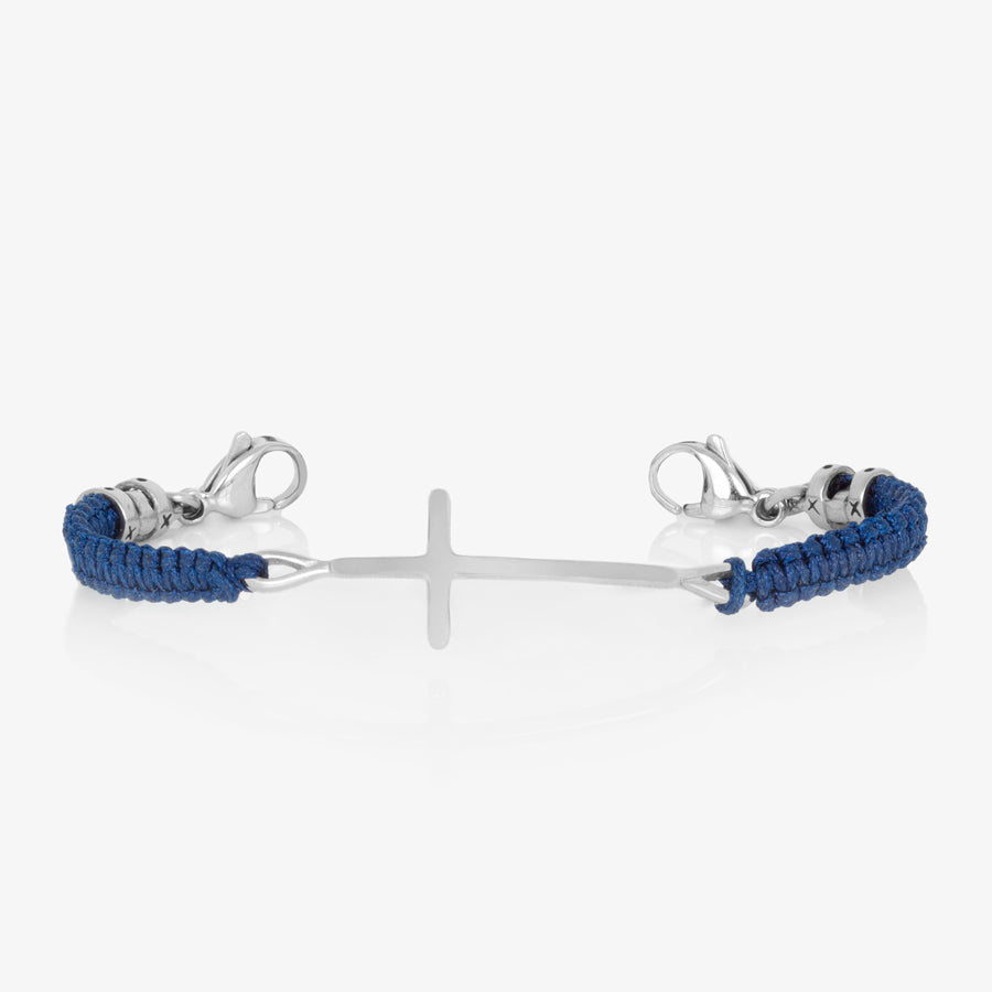 Navy blue macrame bracelet with silver cross center piece and stainless steel lobster clasps at each end.