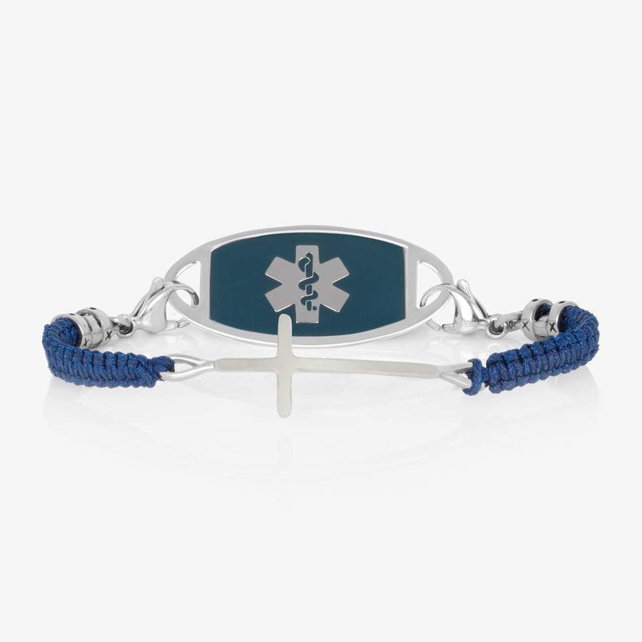 Navy blue macrame medical ID bracelet with silver cross center piece paired with stainless steel medical ID tag with blue inlay and silver caduceus