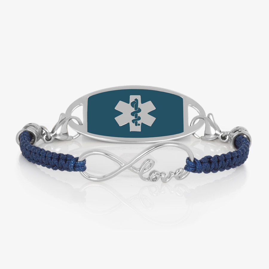 Navy blue macrame medical ID bracelet with silver infinity center piece with the word love, paired with stainless steel medical ID tag with blue inlay and silver caduceus