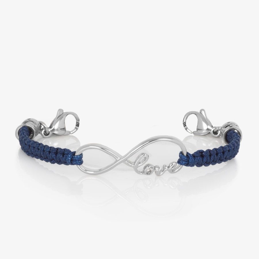 Navy blue macrame medical ID bracelet with silver infinity center piece with the word love