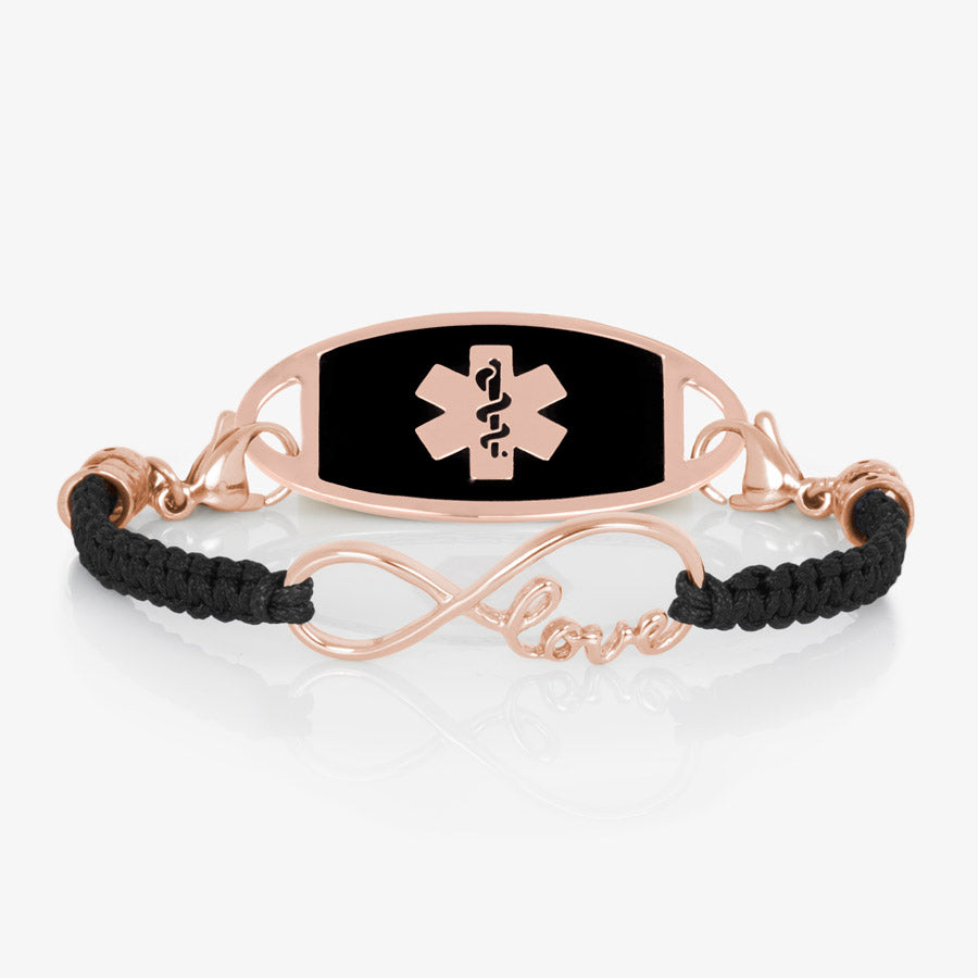 Black macrame medical ID bracelet with Rose Gold infinity center piece with the word love, paired with stainless steel medical ID tag with Black inlay and Rose Gold caduceus