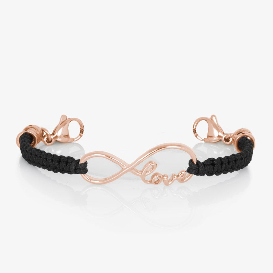 Black macrame medical ID bracelet with Rose Gold infinity center piece with the word love, paired with stainless steel medical ID tag