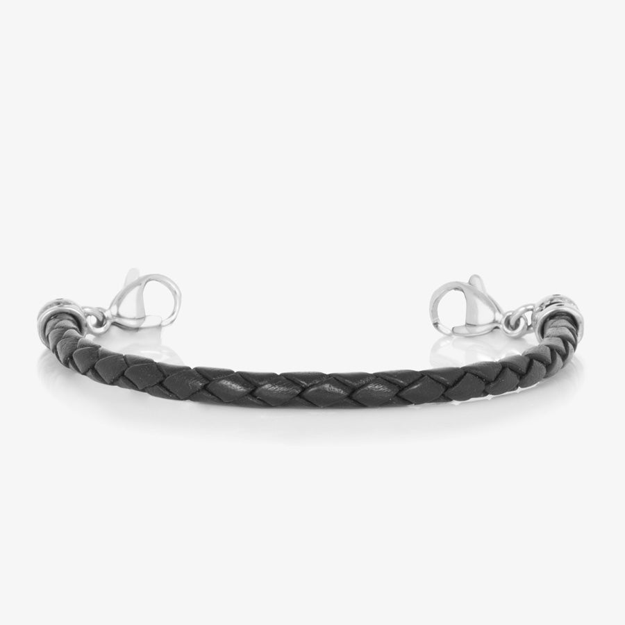 Black bolo leather bracelet with silver tone stainless lobster clasps on each end to hold a Med ID tag. On white background