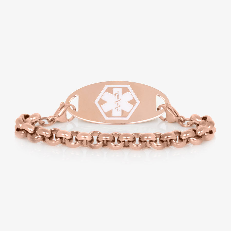 Rose gold tone stainless steel rolo chain medical ID bracelet paired with rose gold tone stainless steel medical ID tag