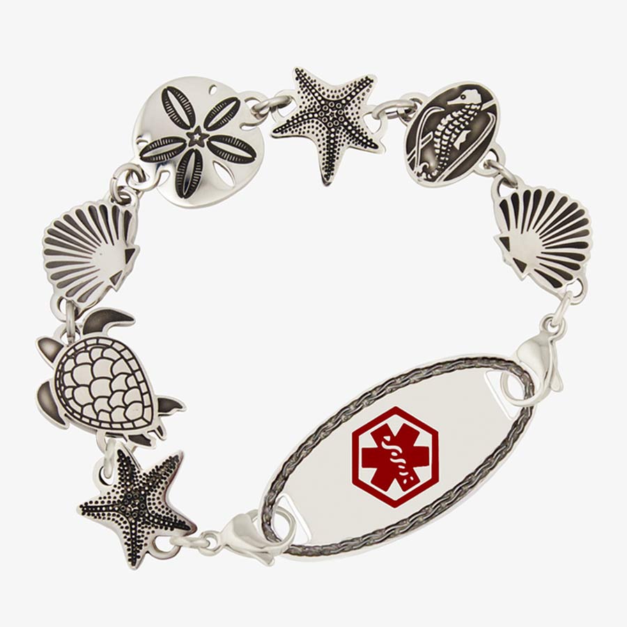 Chain style medical bracelet with seashell, sand dollar, and turtle stainless steel links