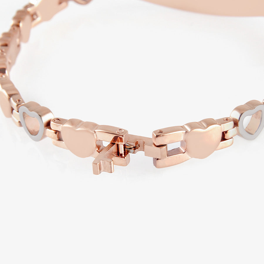 Rose Tone Love Links Medical ID Bracelet chain showing plated stainless slip-thru closure, alternating rose and silver hearts