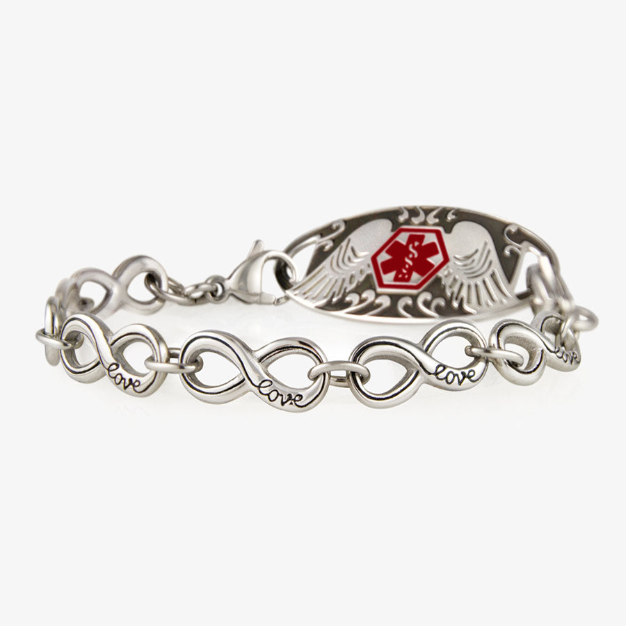 Silver tone bracelet made of infinity symbol links with cursive "love" on each and angel wing detail ID tag