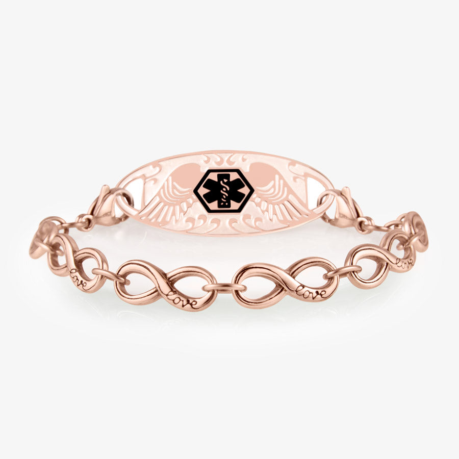 Rose Gold Tone Forever and Always Medical ID, Rose tone stainless infinity-symbol-shaped links, word “Love” inscribed 1 side