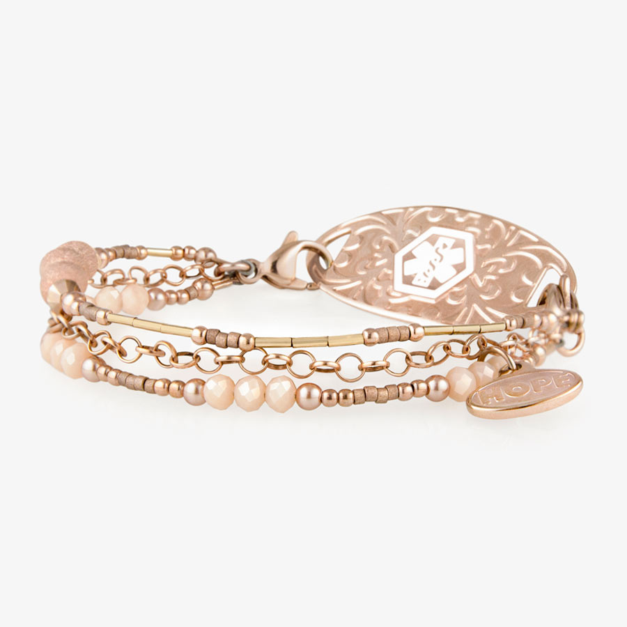 Rose gold medical alert bracelet with sparkly beads and crystals and delicate rose tone chain