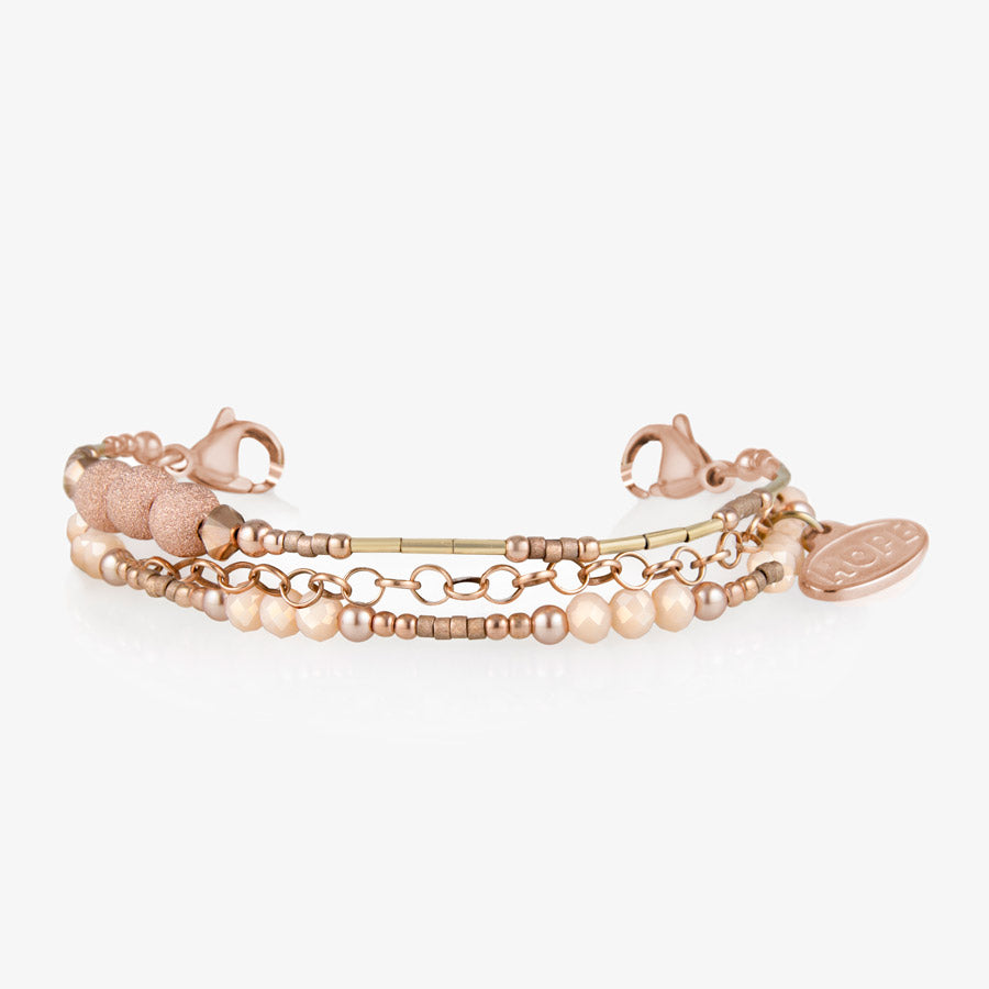 Rose gold beaded medical ID bracelet with crystal and chain accents and rose gold lobster clasps