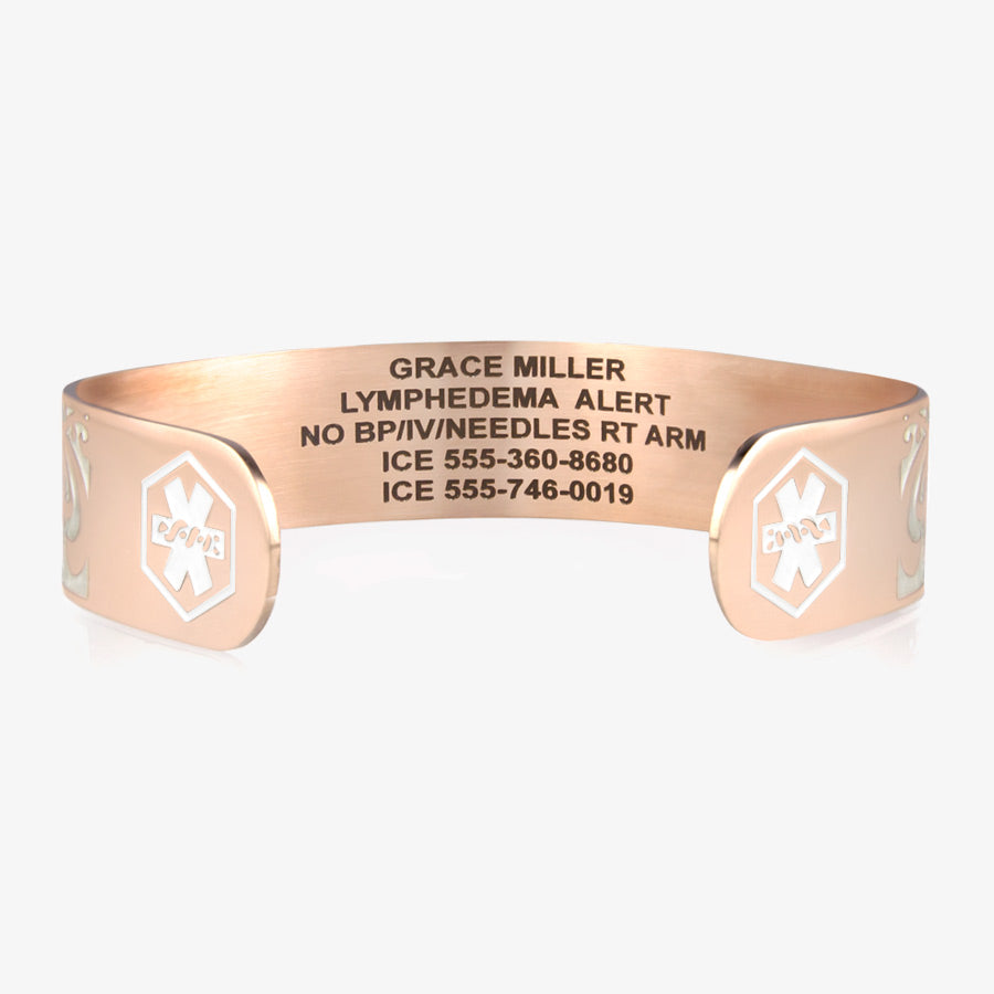 Side view of rose gold medical ID cuff bracelet with custom premium laser engraving