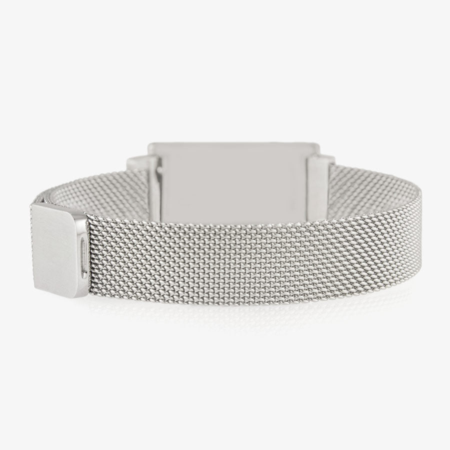 Back of silver-tone stainless waterproof Urban Medical Alert bracelet with mesh chain, slip-through magnetic closure, ID tag