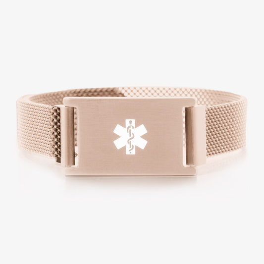 Front of the Urban Medical Alert in Rose Tone  with rose mesh chain, magnetic closure, and affixed ID tag with white caduceus