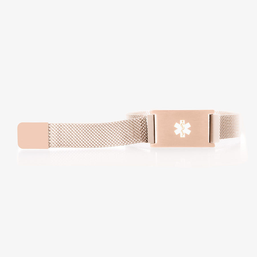 Medical ID bracelet with mesh band and magnetic clasp with white medical caduceus symbol