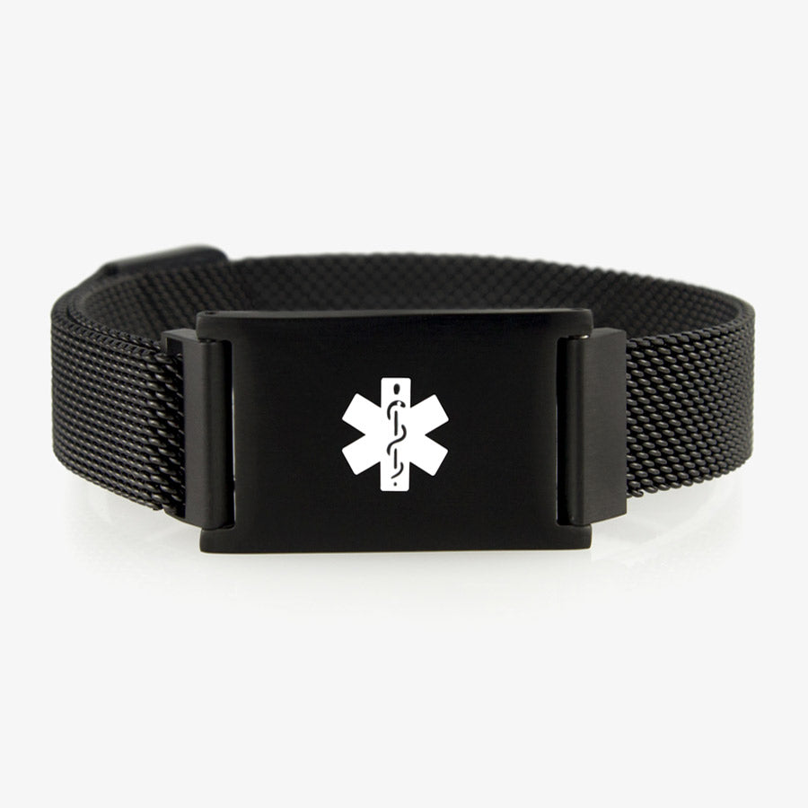 The Urban Medical Alert in Black with black mesh chain and affixed medical ID tag with white caduceus