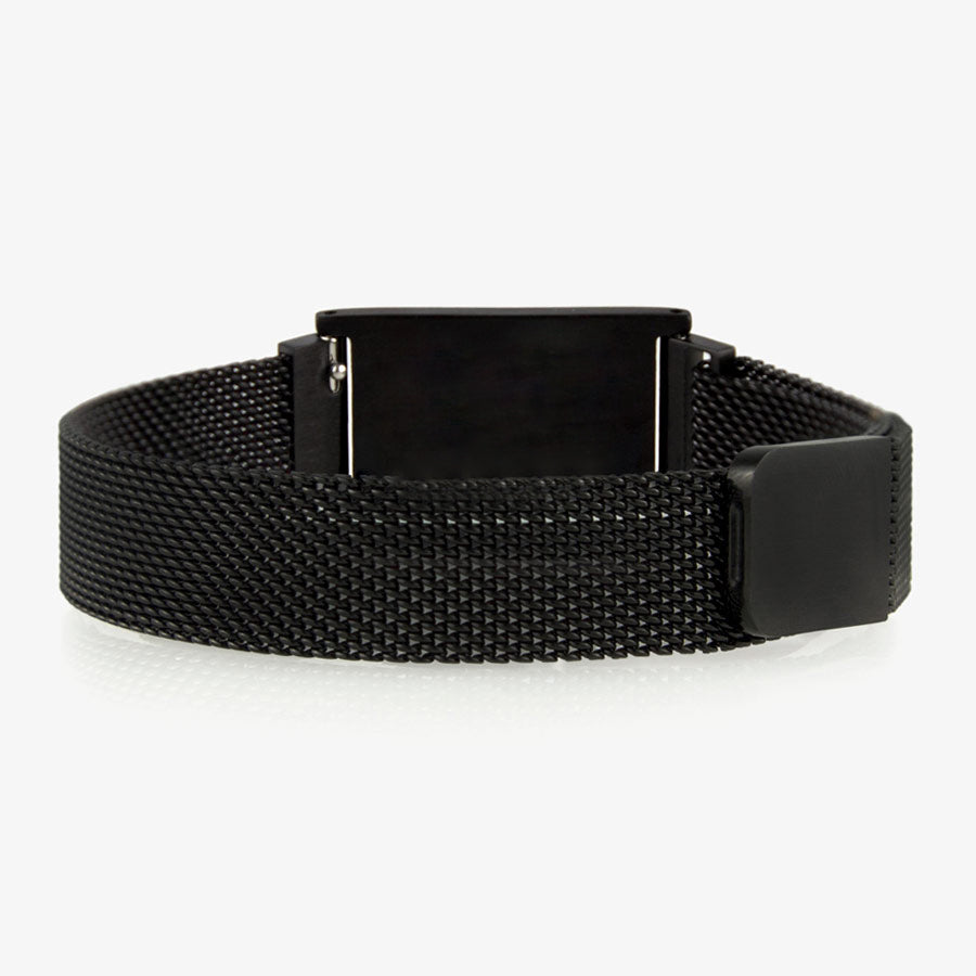 Back of the Urban Medical Alert in Black showing black mesh chain and the slip-through magnetic closure