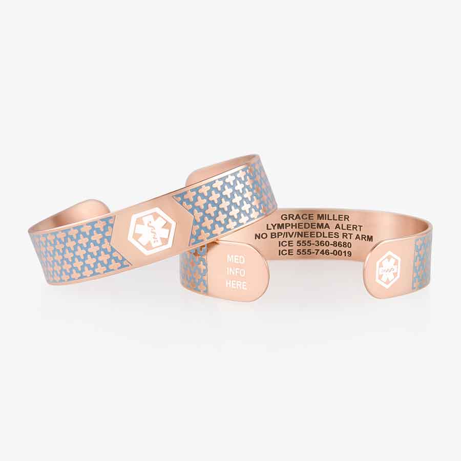 Rose gold and blue medical ID cuff bracelet with white medical caduceus symbol and custom laser engraving