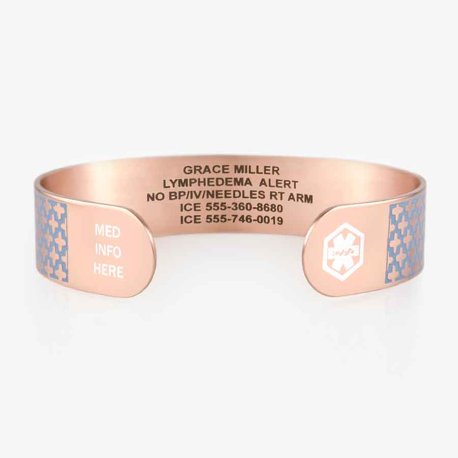 Decorative blue and rose gold medical ID cuff bracelet with custom laser engraving