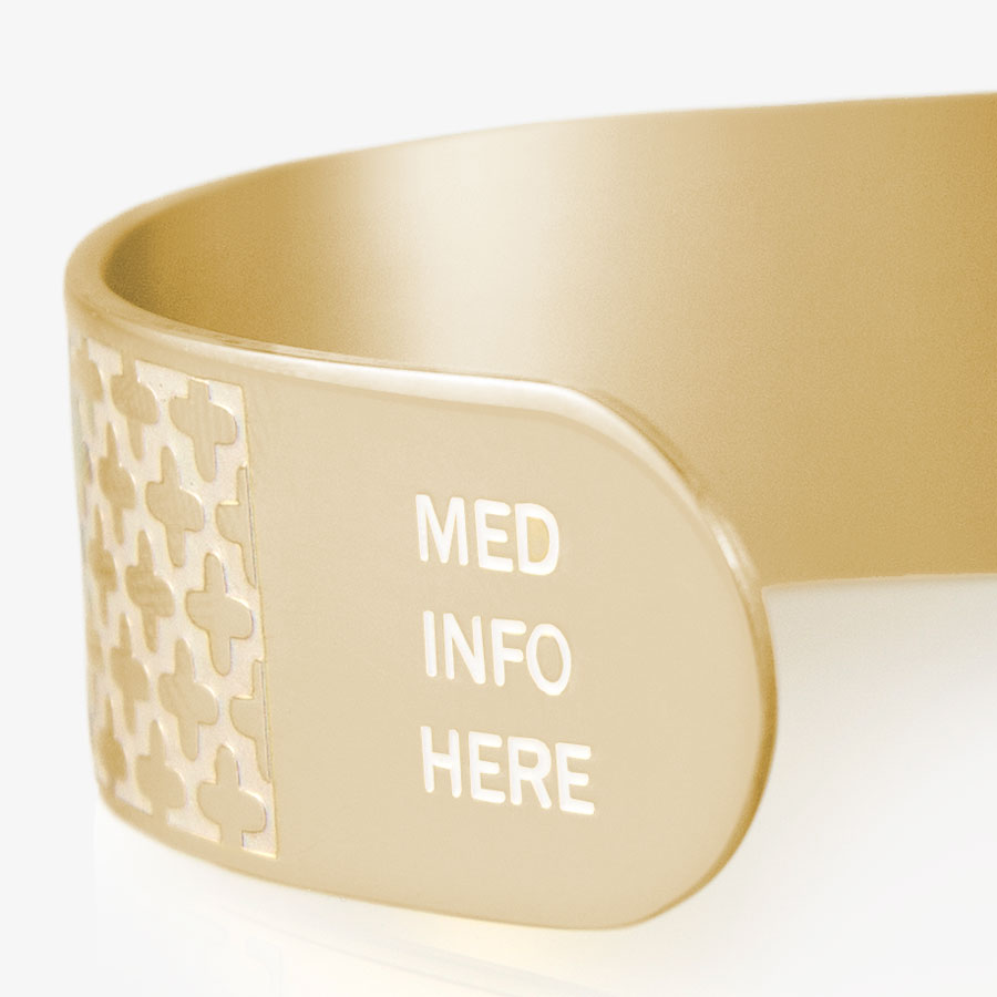 Close up detail image of text on Med ID Cuff