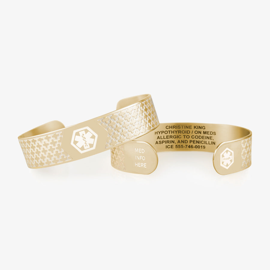 Golden Mae Med ID Cuff with white caduceus