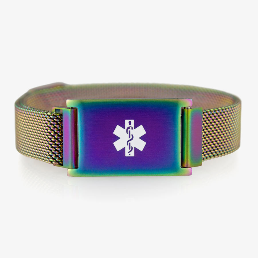 Adjustable medical ID bracelet with magnetic closure in oil slick, color changing finish and mesh band.