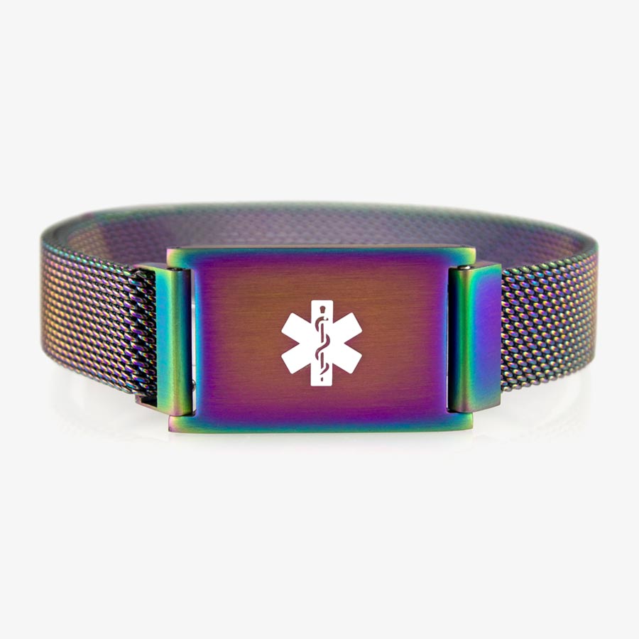 Adjustable medical ID bracelet with magnetic closure in oil slick, color changing finish and mesh band.