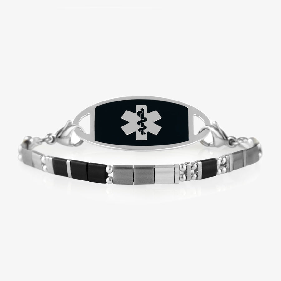 Silver stretch medical ID bracelet with flat beads and interchangeable lobster clasps