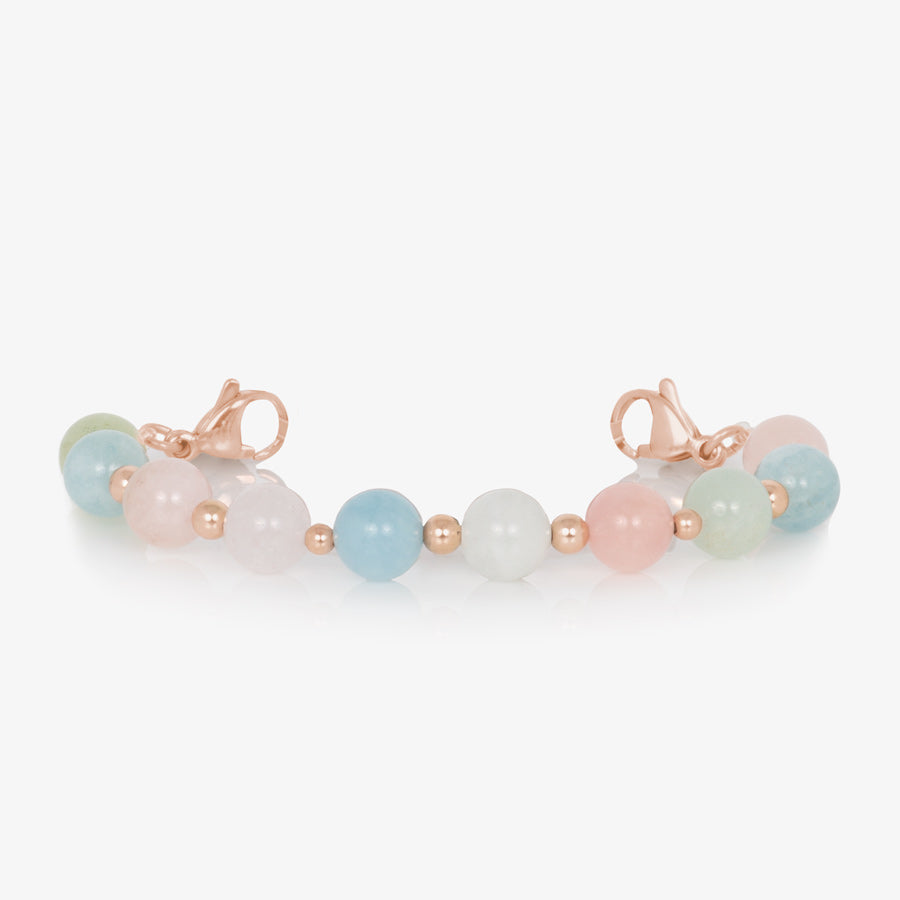 Rose gold stretch beaded medical ID bracelet with pink, white, and blue beads