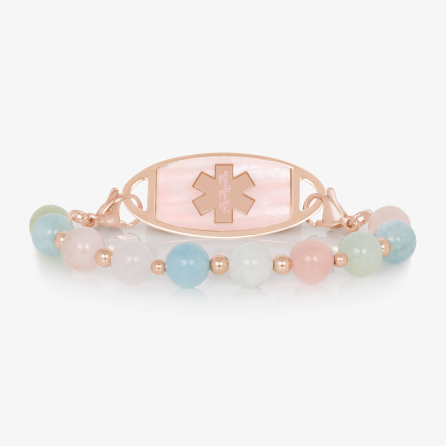 Pink, white, and blue beaded medical ID with rose gold accents and pink mother of pearl medical alert tag