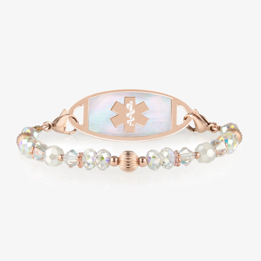 Krista Stretch Bracelet with rose gold beads and crystals and a rose gold tag with white medical ID symbol