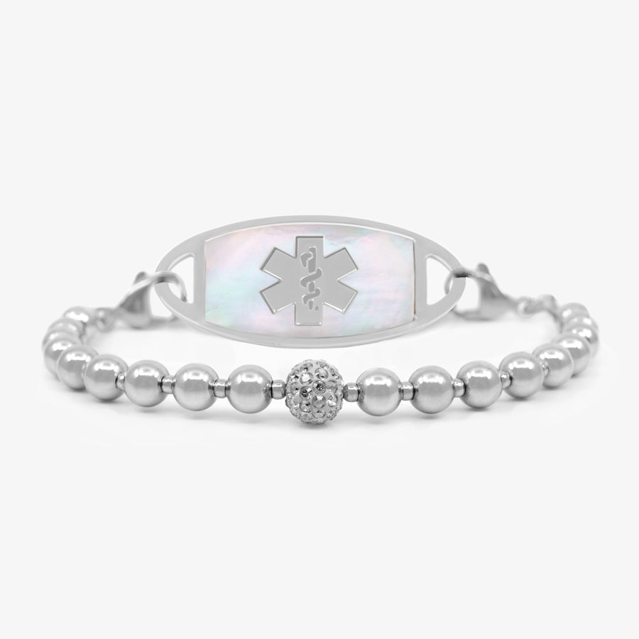 B654 - Olivia Stretch Bracelet with silver beads and mother of pearl medical ID bracelet