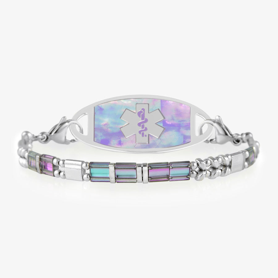 Front view of silver and pastel beaded medical ID bracelet with lilac abalone medical ID tag