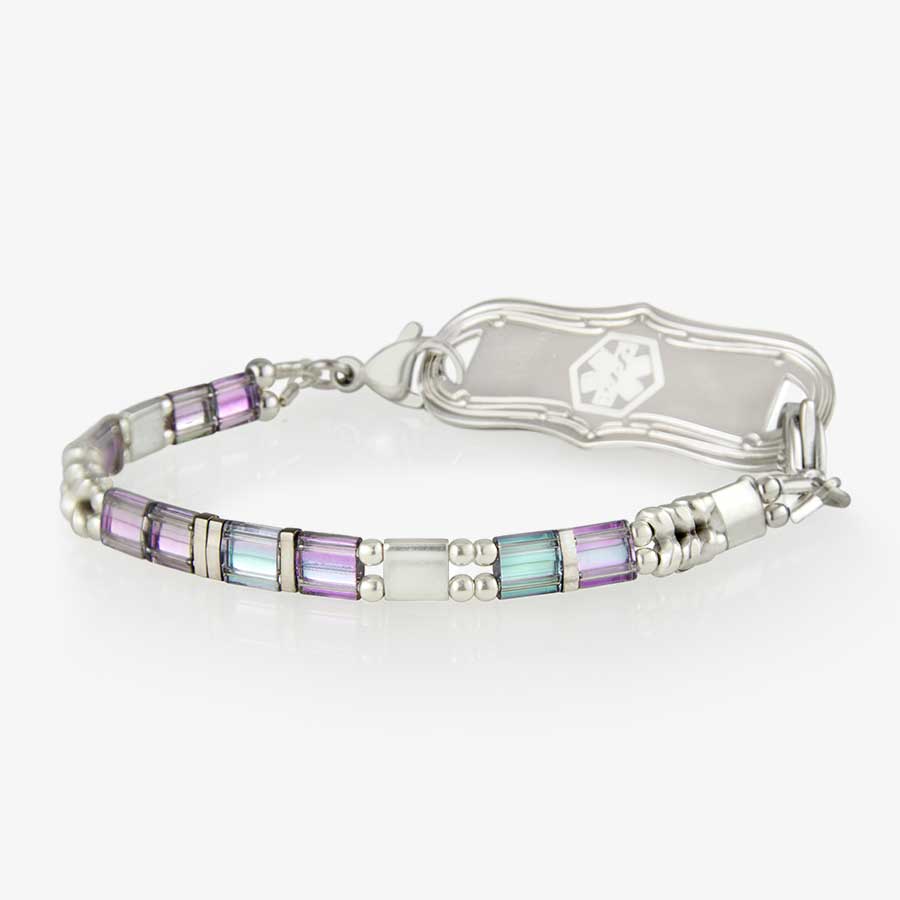 Side view of silver and pastel beaded medical ID bracelet