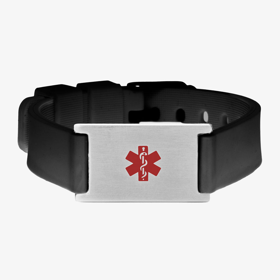 Black silicone activewear medical ID bracelet with stainless steel tag and red symbol