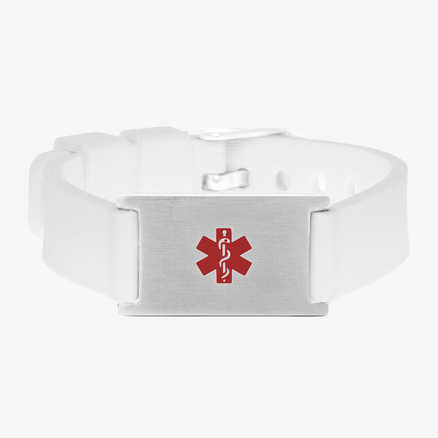 White silicone activewear medical ID bracelet with stainless steel tag and red symbol