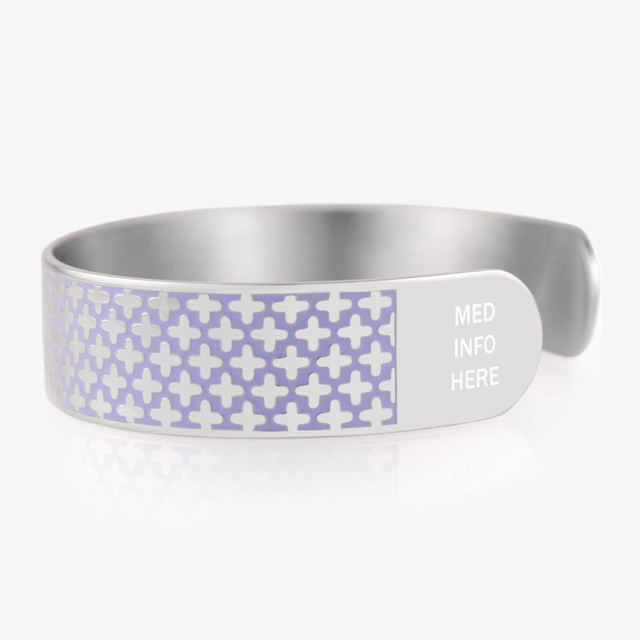 Side view of silver tone medical ID cuff bracelet with lavender pattern and white &quot;med info here&quot; at the end of the cuff.