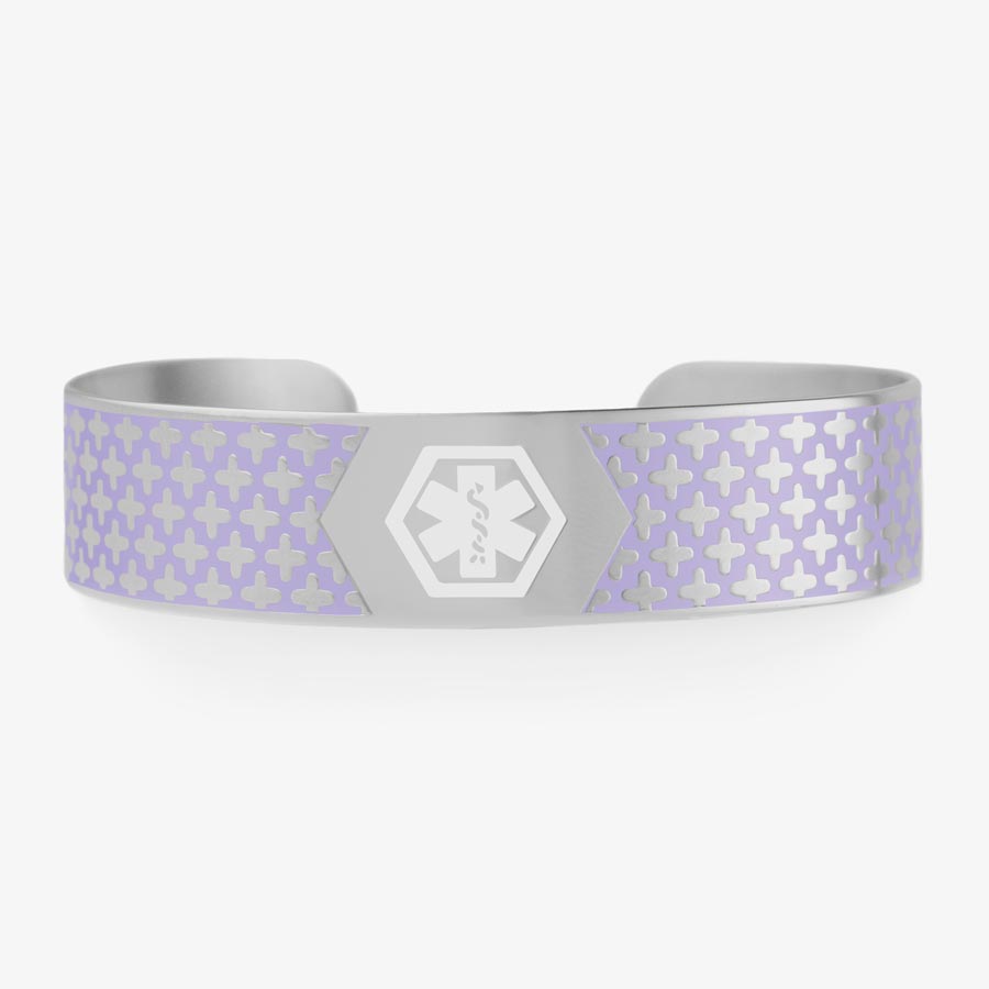 Silver tone medical ID cuff bracelet with lavender pattern and white medical caduceus symbol at the center.