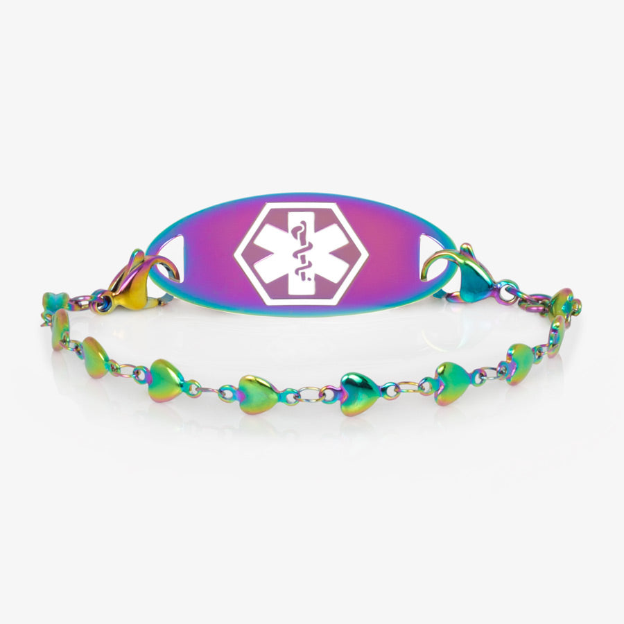 Multi colored magic finish stainless steel heart link chain medical ID bracelet with decorative stainless steel medical ID tag with white medical symbol.