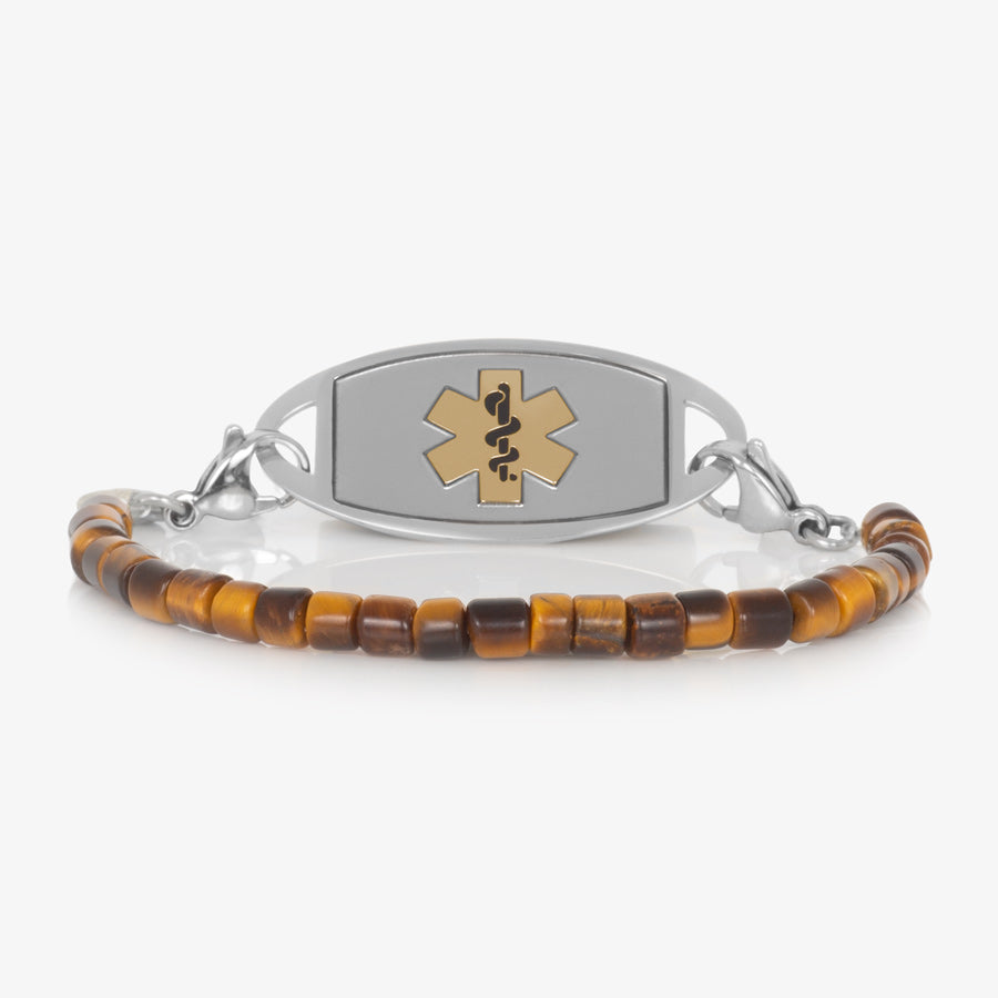 Tiger eye beaded stretch medical ID bracelet with silver and gold medical ID tag