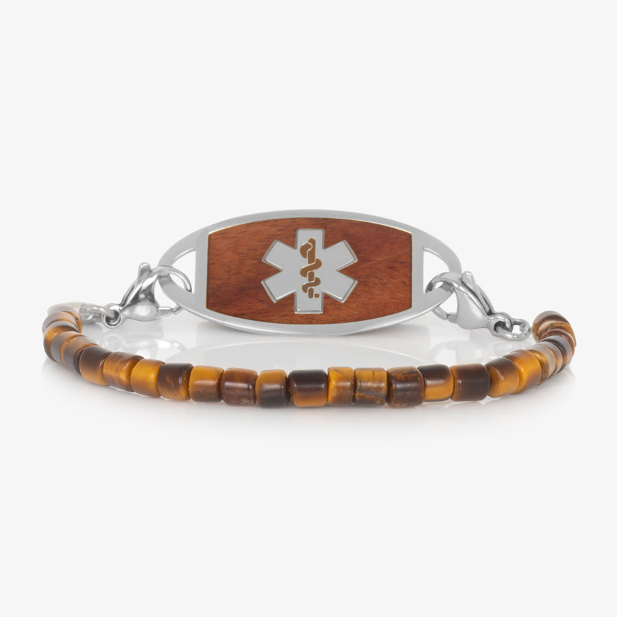 Barrel tiger eye beaded bracelet with stainless steel lobster clasps paired with stainless steel medical ID tag with cedar-tone wood inlay.